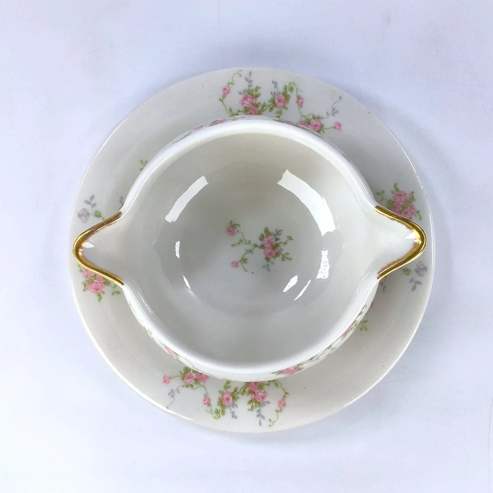 Theodore Haviland New York Pink Spray Gravy Boat Attached Underplate Gold Trim